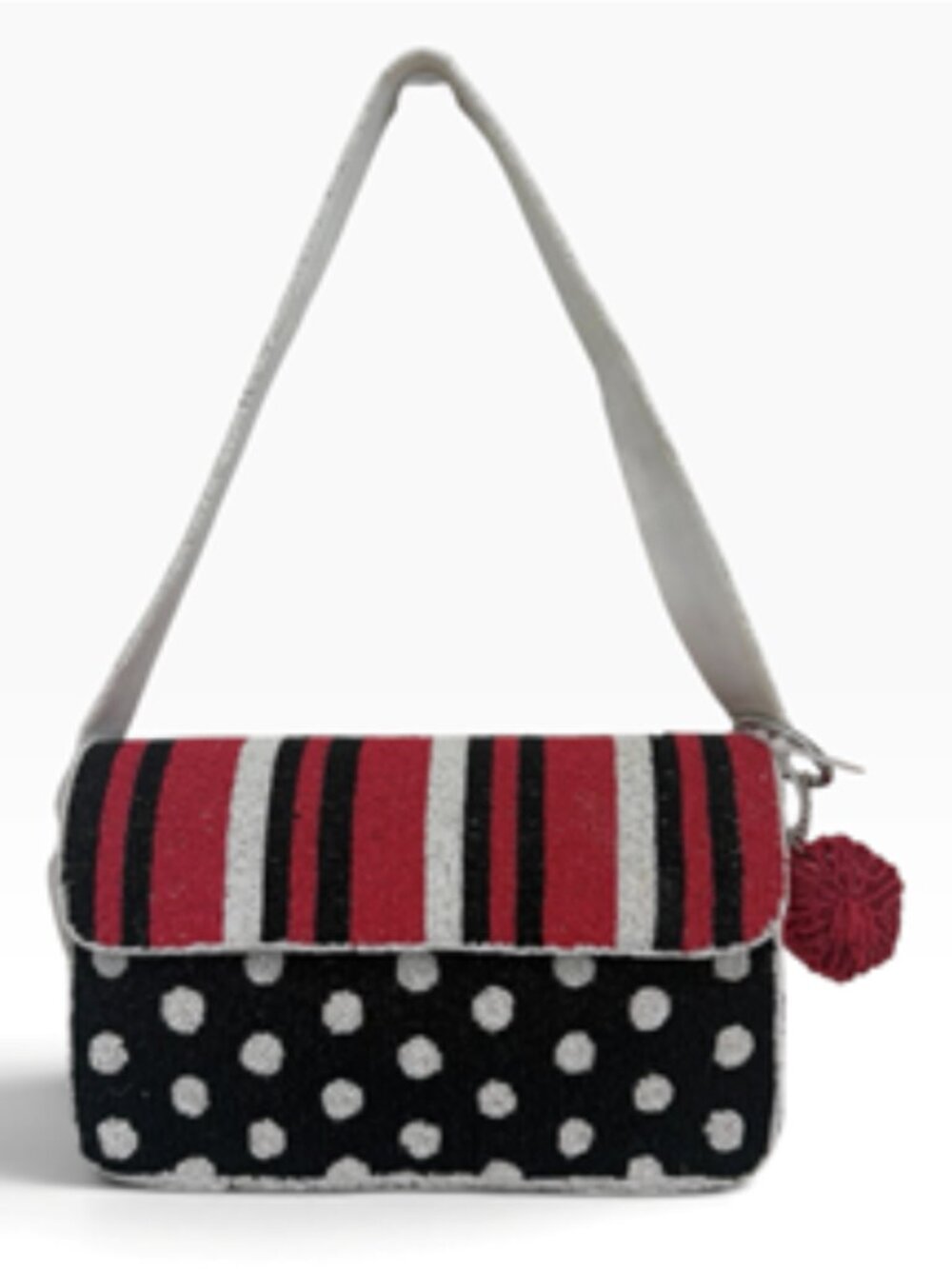 Red White Black Stripes and Polka Dots Beaded Bag Keychain Charm Made in India